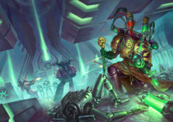  6+boys adeptus_astartes armor backpack bag balding battle bolter cane chaos_(warhammer) chaos_space_marine chaos_undivided_(symbol) cyborg emperor&#039;s_children energy energy_beam energy_gun evil_smile fabius_bile firing green_light holding holding_cane holding_skull horns jetpack leather_armor lie_setiawan male_focus multiple_boys necron pauldrons power_armor projectile_trail science_fiction shoulder_armor skull skull_ornament smile tomb warhammer_40k weapon 