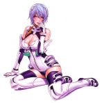  1girl adapted_costume arm_support ayanami_rei breasts cleavage elbow_gloves female finger_to_mouth full_body gloves highres neon_genesis_evangelion parted_lips purple_hair red_eyes short_hair simple_background solo thighhighs white_background wild_flower yamashita_shun&#039;ya yamashita_shunya 