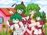  antenna antennae ascot blush breasts carrying charamu child chyaramu closed_eyes fang flower green_hair happy if_they_mated kazami_yuuka open_mouth plaid plaid_pants plaid_skirt plaid_vest short_hair shoulder_carry shy skirt skirt_set smile socks sunflower tears touhou twintails wriggle_nightbug 