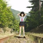  arms_up bag black_eyes black_hair forest grass grin isozaki_bebebe nature original railroad_tracks school_bag school_uniform serafuku short_hair skirt smile solo stretch tree trees 