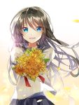  1girl :d backlighting bangs black_hair black_sailor_collar black_skirt blue_eyes blush bouquet brown_hair commentary_request eyebrows_visible_through_hair flower hair_between_eyes highres holding holding_bouquet long_hair looking_at_viewer miyo_(user_zdsp7735) open_mouth original petals pleated_skirt red_neckwear sailor_collar school_uniform serafuku shirt skirt smile solo sunflower sunlight upper_teeth very_long_hair white_flower white_shirt yellow_flower 