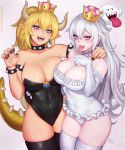  2018 2girls :d absurdres artist_name asymmetrical_docking bangs bare_shoulders black_collar black_legwear black_nails blonde_hair blue_eyes blush boo bowsette bracelet breast_press breasts brooch claw_pose collar collarbone cowboy_shot crown earrings elbow_gloves eyebrows_visible_through_hair eyelashes fingernails frilled_collar frilled_gloves frills gloves grey_background grey_hair hair_between_eyes hand_up head_tilt highres horns jewelry large_breasts legs_together long_hair looking_at_viewer luigi&#039;s_mansion super_mario_bros. mirco_cabbia multiple_girls nail_polish navel new_super_mario_bros._u_deluxe nintendo open_mouth paid_reward pale_skin patreon_reward pink_eyes pointy_ears ponytail princess_king_boo sharp_fingernails sharp_teeth shiny shiny_skin sidelocks signature simple_background smile spiked_armlet spiked_bracelet spiked_collar spiked_tail spikes standing super_crown tail teeth thick_eyebrows thigh-highs tongue tongue_out v-shaped_eyebrows very_long_hair white_gloves white_legwear 