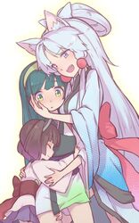  3girls animal_ears bangs black_hair blue_eyes blunt_bangs blush closed_eyes eyebrows_visible_through_hair fang fox_ears gradient_kimono green_hair green_hairband hair_bobbles hair_ornament hair_rings hairband hand_on_another&#039;s_cheek hand_on_another&#039;s_face height_difference hug japanese_clothes kimono leg_hug long_hair long_sleeves looking_at_another miniskirt multiple_girls muneate nose_blush obi open_mouth parted_bangs sash short_hair short_kimono short_yukata silver_hair skirt smile touhoku_itako touhoku_kiritan touhoku_zunko twintails very_long_hair voiceroid white_kimono wide_sleeves yamadori_enka yellow_eyes yukata yuri 