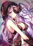  1girl bare_shoulders blue_eyes breasts cleavage commentary_request gloves granblue_fantasy hair_ornament hair_over_one_eye hair_ribbon homaderi hood horns large_breasts lavender_hair lingerie long_hair narmaya_(granblue_fantasy) navel ribbon see-through solo underwear 