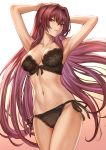  1girl arms_up bangs bare_shoulders black_bra black_panties bra breasts cleavage collarbone commentary_request cowboy_shot eyebrows_visible_through_hair fate/grand_order fate_(series) gradient gradient_background groin hair_intakes highres large_breasts lingerie long_hair looking_at_viewer mashu_003 navel panties parted_lips purple_hair red_eyes ribbon-trimmed_bra scathach_(fate)_(all) scathach_(fate/grand_order) side-tie_panties sidelocks signature skindentation solo stomach thighs tsurime twitter_username underwear underwear_only 