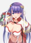  1girl ;) bangs blue_earrings blue_eyes blunt_bangs breasts cleavage commentary_request earrings eyebrows_visible_through_hair fate/grand_order fate_(series) gloves hand_on_hip jewelry kanki_(kibunhasaikou) large_breasts long_hair navel one_eye_closed open_mouth purple_hair red_gloves red_legwear saint_martha smile solo thigh-highs 