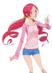  1girl :d akinbo_(hyouka_fuyou) bangs blue_shorts floating_hair hair_ornament hair_scrunchie hanasaki_tsubomi heartcatch_precure! highres index_finger_raised long_hair long_sleeves looking_at_viewer open_mouth parted_bangs pink_eyes pink_shirt precure redhead scrunchie shiny shiny_hair shirt short_shorts shorts simple_background smile solo standing twintails very_long_hair white_background yellow_scrunchie 