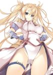  1girl blonde_hair blue_eyes bradamante_(fate/grand_order) braid breasts elbow_gloves epaulettes fate/grand_order fate_(series) gloves hands_on_hips leotard long_hair looking_at_viewer medium_breasts sasakura smile solo twintails very_long_hair 