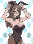 1girl absurdres animal_ears arms_up bae_joohyun bangs black_leotard breasts brown_eyes brown_hair bunny_girl bunny_tail bunnysuit cleavage detached_collar eyebrows_visible_through_hair futaba_rio glasses highres large_breasts leotard long_hair looking_at_viewer open_mouth pantyhose ponytail rabbit_ears seishun_buta_yarou solo strapless strapless_leotard tail wrist_cuffs 
