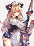 1girl armor bangs blonde_hair blue_eyes blush breasts chains cleavage draph dress gloves granblue_fantasy hat highres holding holding_spear holding_weapon horns large_breasts long_hair looking_at_viewer pointy_ears polearm rastina simple_background solo spear thigh-highs very_long_hair weapon ym_(distance819) 