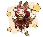  1girl antlers arms_up artist_name bell boots brown_gloves cape closed_eyes dress fa facial_mark fire_emblem fire_emblem:_fuuin_no_tsurugi fire_emblem_heroes forehead_mark full_body fur_trim gloves long_sleeves mamkute nintendo open_mouth purple_hair reindeer_antlers short_hair sksk7r solo star 