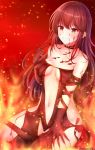  1girl bangs blood blood_on_face blurry blurry_foreground blush breasts brown_dress brown_gloves brown_hair burning cleavage collarbone consort_yu_(fate) depth_of_field dress ear_piercing earrings endsmall_min eyebrows_visible_through_hair fate/grand_order fate_(series) fire gloves grin hair_between_eyes hand_up highres jewelry long_hair looking_at_viewer medium_breasts navel piercing red_eyes ribbon-trimmed_dress ribbon_trim signature sitting smile solo strapless strapless_dress very_long_hair 