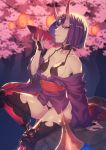  1girl absurdres arm_support bare_shoulders black_gloves breasts cherry_blossoms commentary_request cup eyelashes eyeshadow fate/grand_order fate_(series) feet_out_of_frame fingerless_gloves gloves grin hand_up headpiece highres holding holding_cup ibuki_notsu japanese_clothes kimono lantern long_sleeves looking_at_viewer makeup obi off_shoulder oni oni_horns paper_lantern purple_hair purple_kimono red_sash revealing_clothes rock sakazuki sash short_hair short_kimono shuten_douji_(fate/grand_order) sitting small_breasts smile solo thigh-highs thighs tree violet_eyes wide_sleeves 