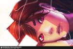  1girl blurry depth_of_field erica_june_lahaie face hair_over_one_eye lying on_side original parted_lips patreon_logo realistic red_eyes redhead signature solo watermark web_address 