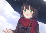  1girl :d bangs black_coat black_hair blush day enpera eyebrows_visible_through_hair green_eyes hand_up holding holding_umbrella long_hair long_sleeves looking_at_viewer maigoyaki open_mouth original outdoors red_scarf scarf sidelocks smile snowing solo sweater tareme umbrella upper_body winter winter_clothes 