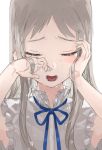  1girl ano_hi_mita_hana_no_namae_wo_bokutachi_wa_mada_shiranai. bad_id bad_twitter_id bangs blue_neckwear blue_ribbon blush closed_eyes crying dress grey_hair hands_up honma_meiko kfr long_hair neck_ribbon open_mouth parted_bangs ribbon simple_background solo tears white_background white_dress 