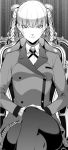  1girl bangs braid breasts chair character_request closed_mouth collared_shirt commentary_request greyscale hiiragi_yuuichi jacket kakegurui kakegurui_midari legs_crossed long_sleeves looking_at_viewer monochrome pantyhose shirt sitting skirt small_breasts smile solo twintails wing_collar 