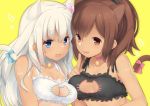  2girls :p alternate_costume animal_ears bangs bell bell_choker bell_collar black_bra blue_eyes blush bra breasts brown_eyes brown_hair cat_cutout cat_ears cat_girl cat_lingerie cat_tail choker cleavage_cutout collar commentary_request eyebrows_visible_through_hair flower frilled_bra frills fujisaki_hikari hair_ornament hairclip highres i-401_(kantai_collection) jingle_bell kantai_collection kemonomimi_mode lingerie long_hair looking_at_viewer meme_attire multiple_girls one-piece_tan ponytail ribbon ro-500_(kantai_collection) short_hair simple_background small_breasts smile tail tan tanline tongue tongue_out underwear underwear_only white_bra 