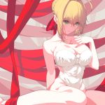  bare_shoulders blonde_hair breasts cleavage collarbone covered_navel eyebrows_visible_through_hair fate/extra fate/grand_order fate_(series) green_eyes hair_ribbon hand_on_own_chest highleg highleg_leotard large_breasts leotard looking_down nail_polish nero_claudius_(fate) nero_claudius_(fate)_(all) red_nails red_ribbon ribbon sitting smile strapless strapless_leotard sungwon wariza white_leotard 