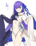  1girl blue_eyes blue_ribbon color_guide crotch_plate fate/extra fate/extra_ccc fate/grand_order fate_(series) flat_chest groin hair_ribbon long_hair long_sleeves meltlilith michihasu midriff navel purple_hair ribbon simple_background sleeves_past_wrists smile solo white_background 