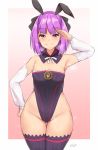  adapted_costume animal_ears breasts bunny_girl bunnysuit commentary detached_sleeves fate/grand_order fate_(series) flat_chest hand_on_hip helena_blavatsky_(fate/grand_order) highleg highleg_leotard kuavera leotard purple_hair rabbit_ears salute signature small_breasts smile thigh-highs thigh_gap wide_hips 