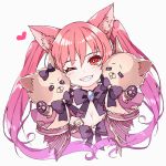  1girl animal_ear_fluff animal_ears bangs black_bow blush bow breasts cerberus_(shingeki_no_bahamut) cleavage commentary_request cropped_torso dog_ears eyebrows_visible_through_hair gradient_hair grey_background grin hair_between_eyes hand_puppet head_tilt heart medium_breasts multicolored_hair one_eye_closed pikomarie pink_hair puppet red_eyes redhead shadowverse simple_background smile solo twintails 