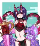 1girl :d bare_shoulders blue_background commentary contrapposto english_commentary eyebrows_visible_through_hair fangs fate/grand_order fate_(series) flat_chest glint headpiece heart horns japanese_clothes kimono looking_at_viewer off_shoulder open_mouth pelvic_curtain purple_hair purple_kimono shuten_douji_(halloween)_(fate) sketch smile solo standing terupancake twitter_username violet_eyes 