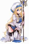  1girl bangs blonde_hair blue_eyes boots botsumoto commentary_request dress eyebrows_visible_through_hair goblin_slayer! hair_between_eyes hat highres long_hair looking_at_viewer one_knee priestess_(goblin_slayer!) solo staff thigh-highs thigh_boots thighs very_long_hair white_background white_footwear wide_sleeves 