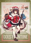  1girl alternate_costume bangs battle_rifle bell black_hair black_skirt blush breasts christmas coat commentary_request eyebrows_visible_through_hair gift girls_frontline gun hat long_hair looking_at_viewer m14 m14_(girls_frontline) medium_breasts official_art red_coat red_hat ribbon rifle sack santa_hat shirt skirt smile solo thigh-highs twintails weapon white_legwear white_shirt yellow_eyes 