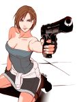  blue_eyes boots brown_hair gun jill_valentine lipstick makeup resident_evil resident_evil_3 skirt sweater weapon 