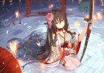  1girl alcohol bangs breasts brown_hair cleavage cup eyebrows_visible_through_hair flower hair_flower hair_oranment hair_ornament hair_ribbon highres holding holding_cup holding_sword holding_weapon japanese_clothes jewelry katana kimono large_breasts long_hair looking_at_viewer luoxuan_jingjie_xian mole mole_under_eye obi oiran oriental_umbrella original outdoors partially_submerged petals ribbon ripples sakazuki sake sash seiza sheath sheathed sidelocks sitting solo sword thigh-highs tress_ribbon umbrella very_long_hair violet_eyes weapon weiyinji_xsk wide_sleeves 