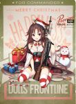 1girl alternate_costume bangs battle_rifle bell black_skirt blush bow bra breasts brown_hair candy candy_cane christmas commentary_request eyebrows_visible_through_hair food gift girls_frontline gun hair_ornament hat long_hair looking_at_viewer m21 m21_(girls_frontline) medium_breasts midriff multicolored_hair official_art red_eyes redhead ribbon rifle santa_hat scope skirt snowman solo striped striped_legwear striped_ribbon thigh-highs underwear weapon 