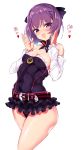  1girl :d absurdres bangs bare_shoulders belt blush breasts cleavage covered_navel detached_sleeves dress fafas68 fate/grand_order fate_(series) frills hair_ribbon helena_blavatsky_(fate/grand_order) highres looking_at_viewer open_mouth panties purple_dress purple_hair purple_panties ribbon short_hair simple_background smile solo underwear violet_eyes white_background 