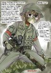  1girl bandanna brown_eyes brown_hair camouflage ebifly forest gloves goggles grass green_hat grey_gloves grey_jacket grey_pants gun hat holding holding_gun holding_weapon jacket kneeling military military_uniform nature original pants parted_lips pouch puffy_short_sleeves puffy_sleeves rifle short_hair short_sleeves sniper_rifle solo translation_request twitter_username uniform weapon 