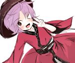  1girl blush bowl bowl_hat eyebrows_visible_through_hair hat japanese_clothes kimono long_sleeves obi open_mouth purple_hair rogu_(log_264) sash short_hair sukuna_shinmyoumaru touhou 