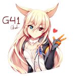  1girl absurdres animal_ears bangs blonde_hair blue_eyes blue_flower blue_rose breasts character_name chrisandita closed_mouth collarbone commentary cropped_torso dress eyebrows_visible_through_hair flower g41_(girls_frontline) girls_frontline gloves grey_gloves hair_between_eyes hand_up head_tilt heart heterochromia highres long_hair red_eyes rose small_breasts solo twitter_username very_long_hair white_background white_dress 