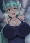  1girl :d aqua_hair armpits bangs breast_press breasts breath collarbone dragon_horns elbow_gloves fate/grand_order fate_(series) gloves hair_between_eyes highres horns kitajima_yuuki kiyohime_(fate/grand_order) large_breasts long_hair looking_at_viewer one-piece_swimsuit open_mouth pov smile solo sweat swimsuit very_long_hair white_gloves yellow_eyes 