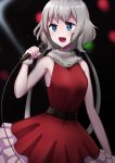  1girl :d absurdres bangs bare_shoulders belt blue_eyes blush dress eyebrows_visible_through_hair frilled_dress frills fur_trim green_hair highres holding holding_microphone idol konno_junko long_hair looking_back low_twintails microphone open_mouth red_dress shi_shi_ji smile solo twintails very_long_hair wristband zombie_land_saga 