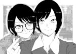  2girls character_request closed_mouth collared_shirt commentary_request eye_contact glasses greyscale highres jewelry looking_at_another mole mole_under_eye monochrome multiple_girls original ring shirt short_hair smile vice_(kuronekohadokoheiku) wing_collar 