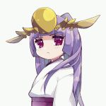 &gt;:( 1girl bangs blunt_bangs blush closed_mouth grey_background headgear japanese_clothes kimono light_frown long_hair looking_at_viewer looking_to_the_side obi pikomarie purple_hair puzzle_&amp;_dragons sash simple_background solo v-shaped_eyebrows very_long_hair violet_eyes white_kimono yomi_(p&amp;d) 
