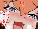  1girl blue_eyes blush breath caracal_(kemono_friends) close-up eyebrows_visible_through_hair face fang hair_between_eyes heart kemono_friends open_mouth orange_hair saliva smile solo sweat tanaka_kusao tongue translation_request 