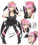  1girl apron bangs black_apron black_gloves blush breasts cleavage commentary_request copyright_request demon_girl demon_tail demon_wings eyebrows_visible_through_hair fangs_out folded_ponytail gloves grin hand_on_hip hands_up head_wings heart highres index_finger_raised juugoya_(zyugoya) large_breasts leaning_forward low_wings naked_apron one_eye_closed open_mouth pink_hair red_eyes slit_pupils smile solo spoken_heart sweatdrop tail wide-eyed wings 