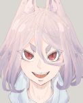  1girl :d animal_ears commentary_request copyright_request grey_background hair_between_eyes hakuro109 highres looking_at_viewer open_mouth pink_hair portrait red_eyes simple_background slit_pupils smile solo thick_eyebrows 