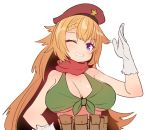  1girl ak47_(girls_frontline) bare_shoulders belt blush bra braid breasts commentary_request copyright_request girls_frontline gloves green_bra grin hair_flaps hand_up hat large_breasts long_hair looking_at_viewer one_eye_closed orange_hair pouch red_hat simple_background smile solo sumiyao_(amam) underwear upper_body violet_eyes waving white_background white_gloves 
