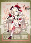  1girl alternate_costume belt bikini_top black_footwear blonde_hair blue_eyes blush boots breasts christmas coat colt_m1873_(girls_frontline) colt_saa commentary_request girls_frontline gloves gun handgun hat holding long_hair looking_at_viewer navel official_art red_coat red_gloves red_hat revolver sack short_shorts shorts single_thighhigh small_breasts smile solo striped striped_legwear thigh-highs twintails weapon 