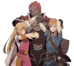 1girl 2boys abs adjusting_hair armor arms_up belt blonde_hair blue_eyes bow_(weapon) bracelet bracer bruise_on_face cape circlet dark_skin dark_skinned_male dirty_clothes dirty_face earrings flexing ganondorf gerudo highres jewelry link mouth_hold multiple_boys nintendo pointy_ears pose princess_zelda redhead redlhzz sheikah_slate shield shirt short_hair standing stretch super_smash_bros. super_smash_bros._ultimate the_legend_of_zelda the_legend_of_zelda:_breath_of_the_wild tiara toned toned_male torn_clothes triforce weapon 