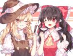 2girls ;d ascot bangs bare_shoulders black_dress black_hair black_hat blush bow cheunes detached_sleeves dress eyebrows_visible_through_hair food frilled_shirt_collar frills grin hair_between_eyes hair_bow hair_tubes hakurei_reimu hand_up hat holding holding_food kirisame_marisa long_hair long_sleeves looking_at_viewer multiple_girls one_eye_closed open_mouth pocky pocky_day red_bow red_eyes red_shirt shirt short_sleeves side-by-side sidelocks smile teeth touhou upper_body white_background witch_hat yellow_neckwear 
