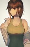  1girl blonde_hair breasts brown_eyes brown_hair collarbone eyepatch girls_frontline grey_background highres long_hair looking_at_viewer m16a1_(girls_frontline) medium_breasts multicolored_hair open_clothes open_shirt opened_by_self simple_background solo streaked_hair upper_body xanax025 