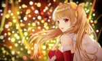  1girl :d armpit_crease artist_name bangs bare_shoulders bell blonde_hair blurry bokeh breasts christmas christmas_lights commentary_request depth_of_field dress earrings elbow_gloves ereshkigal_(fate/grand_order) fate/grand_order fate_(series) floating_hair fur_trim gloves hair_ornament hand_up highres holding holding_sack jewelry leaf_hair_ornament long_hair looking_at_viewer looking_back medium_breasts open_mouth red_dress red_eyes red_gloves rko_(a470350510) sack sidelocks sleeveless sleeveless_dress smile solo strapless strapless_dress twintails upper_body 
