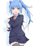  1girl bangs blazer blue_eyes blue_hair cowboy_shot eyebrows_visible_through_hair hatsune_miku itotokai jacket long_hair looking_at_viewer necktie open_mouth pleated_skirt sidelocks skirt solo thigh-highs twintails vocaloid 